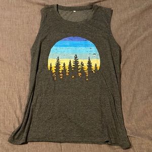 Soft high neck tank with sunset and trees